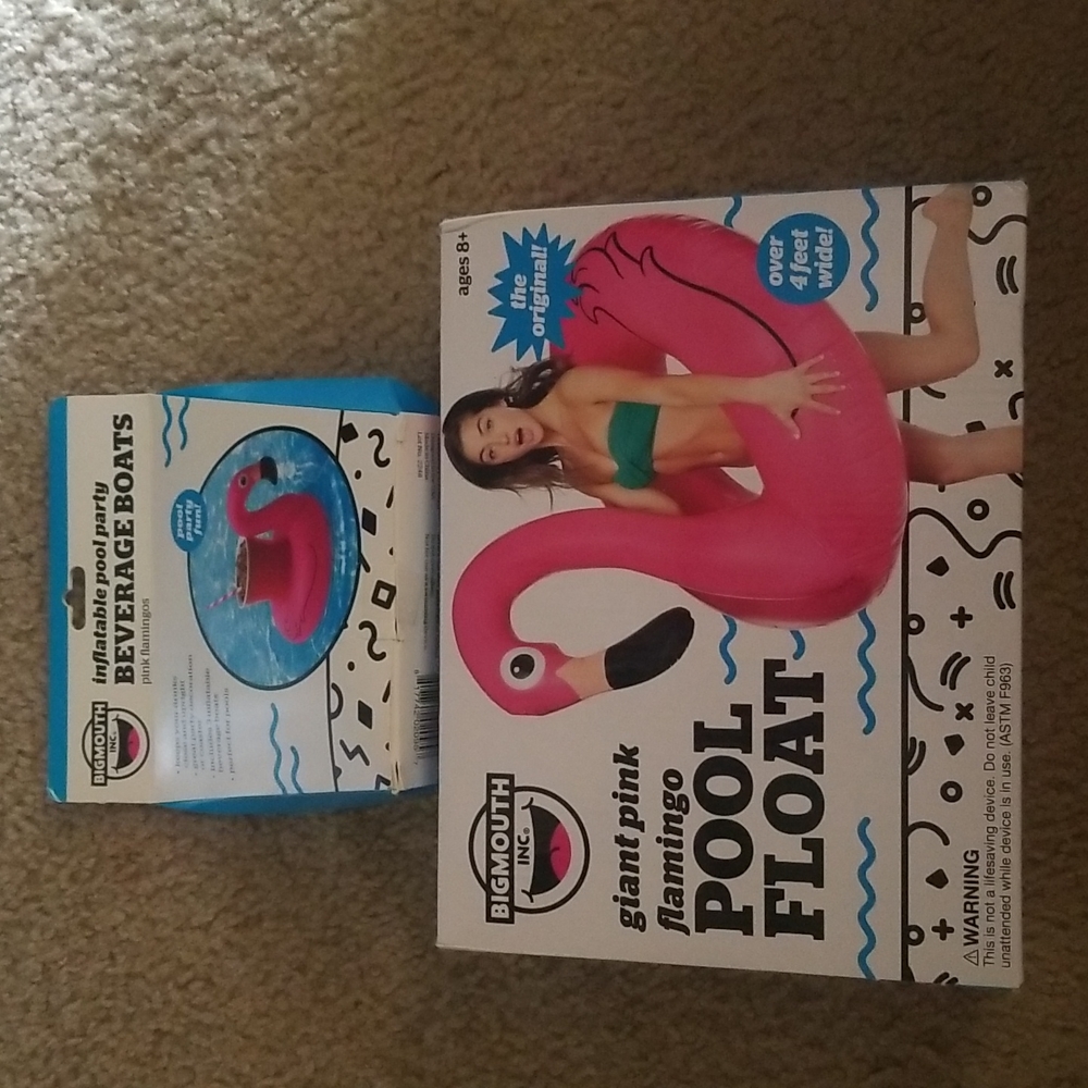 Giant flamingo float and 3 pack beverage floats